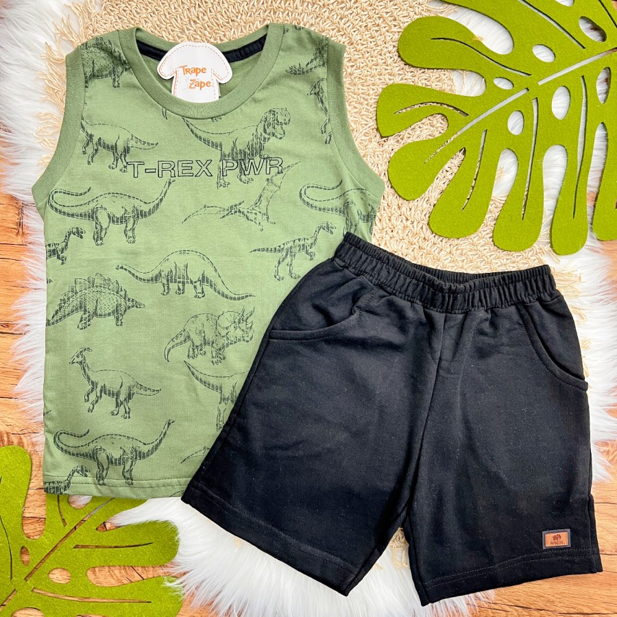 Conj. Regata T-Rex Pwr e Bermuda em Moletinho - Verde Musgo e Preto